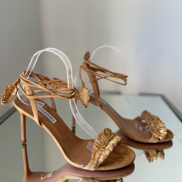 Like new AQUAZZURA SUEDE LEATHER ISLA SANDALS WITH RHINESTONED RAFFIA DETAIL - Picture 9 of 12